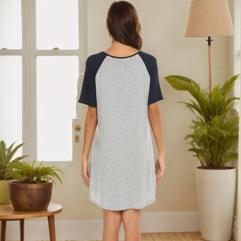 Women's colour contrast patchwork nightdress in double brushed polyester fabric showing contrasting sleeve design