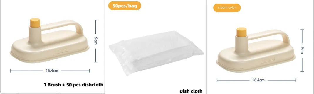 Disposable Magic Brush cleaning tool with plastic handle and stack of 50 white non-woven fabric refill rags.