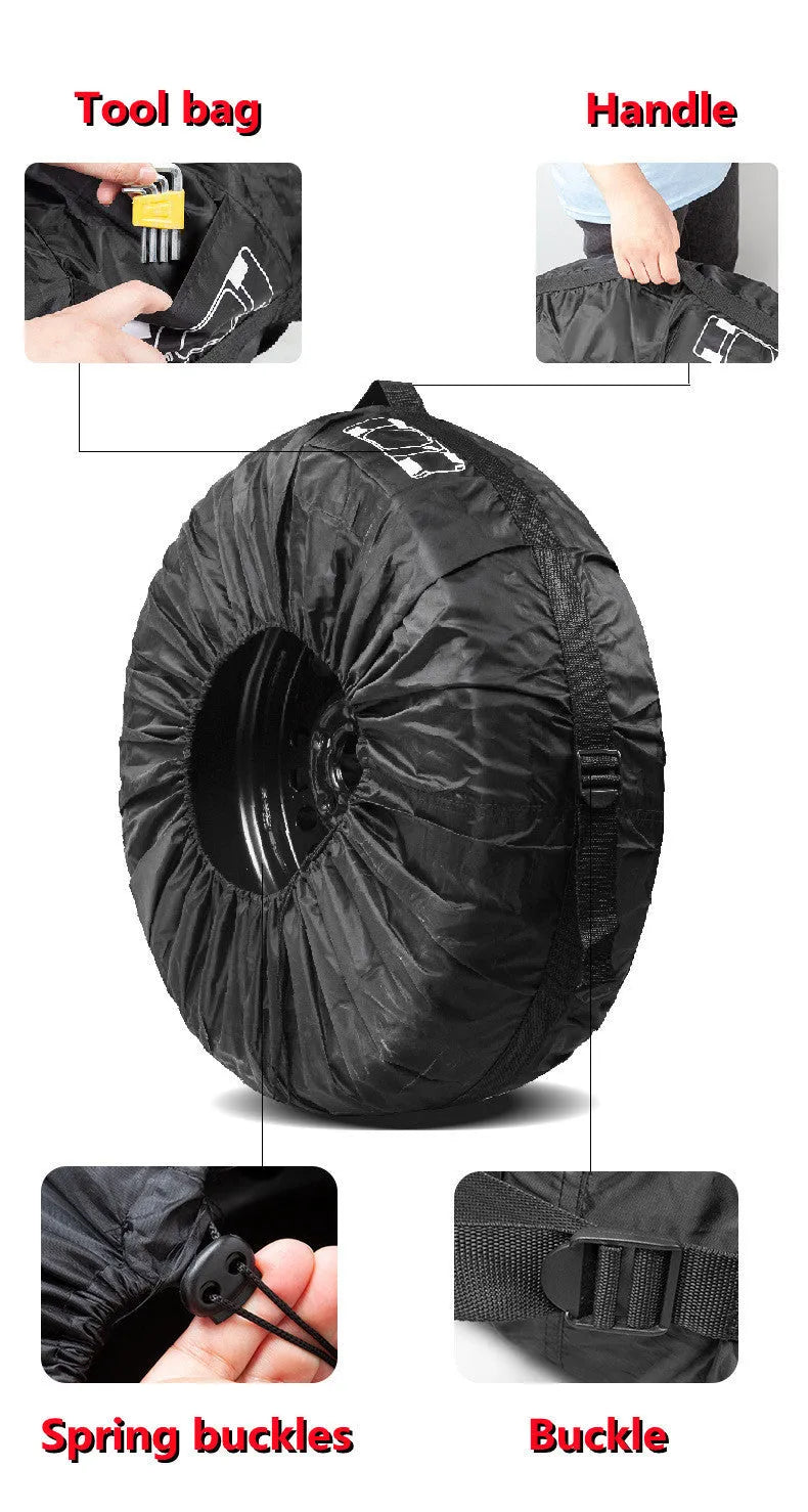 Set of four black Oxford cloth car tyre protective covers for parked vehicles.