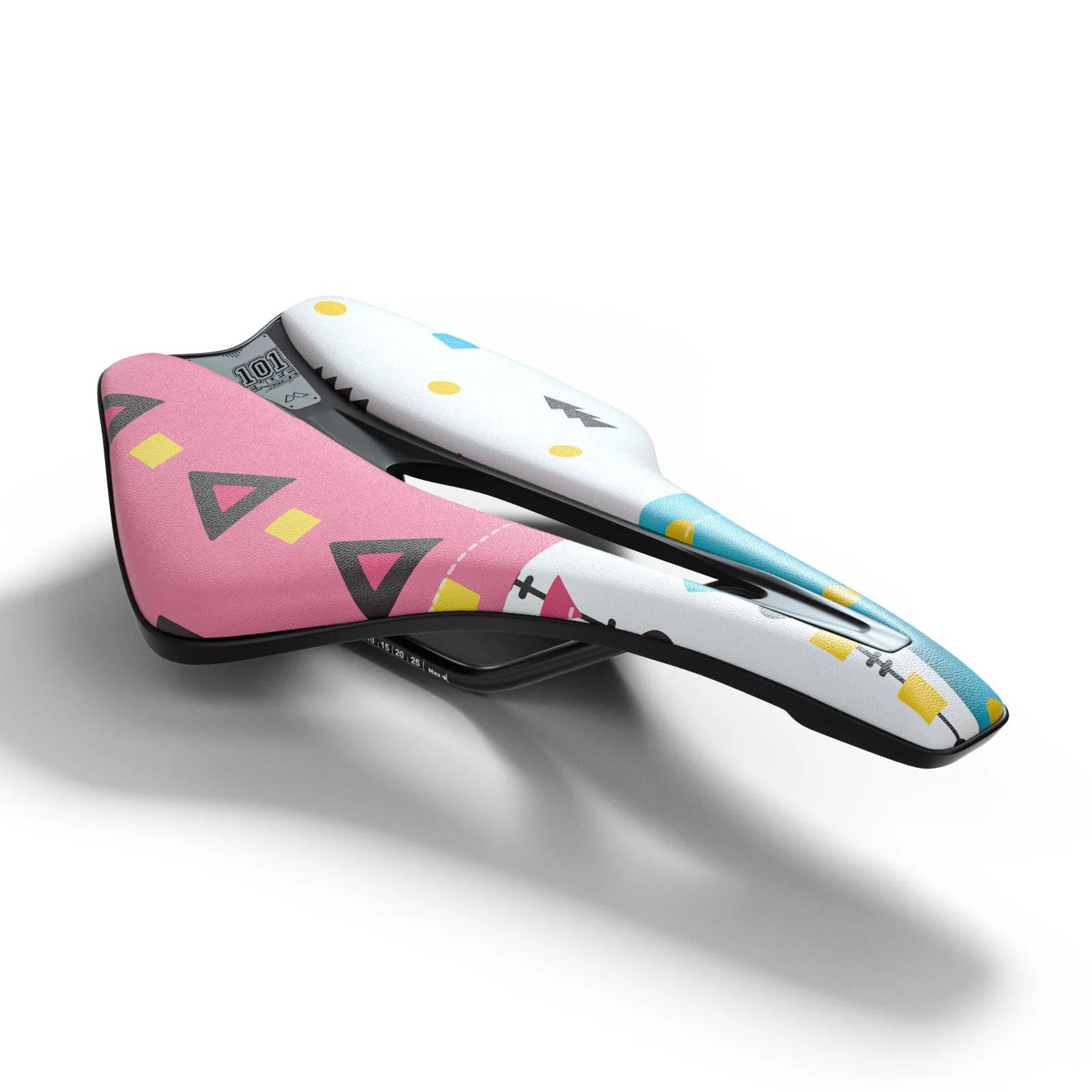Ultra-light EVA cushion bike saddle with hollow design in PU leather, shown in multiple colour options.
