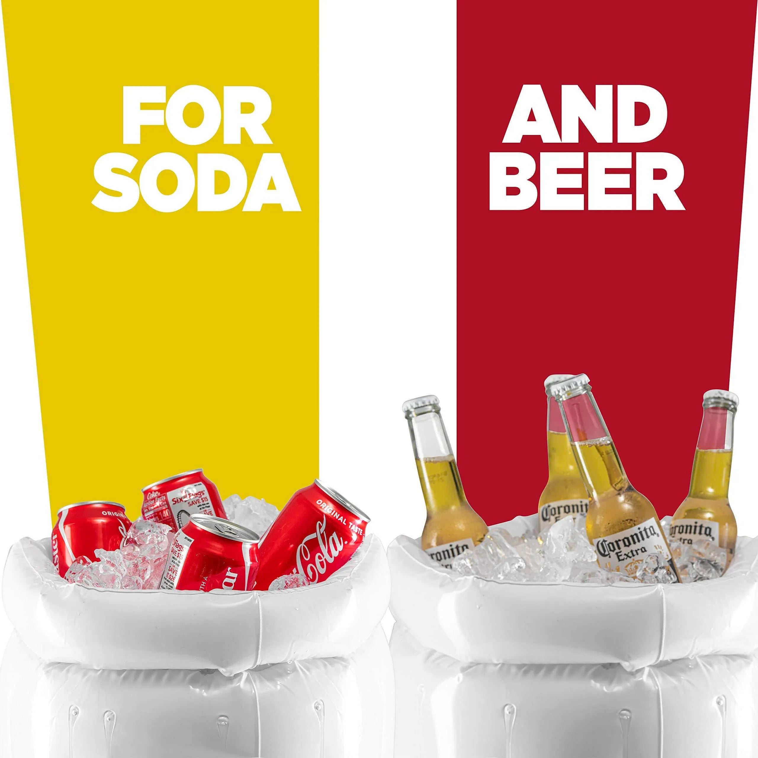 Large yellow inflatable beer mug cooler pool float with drinks, shown in a swimming pool.