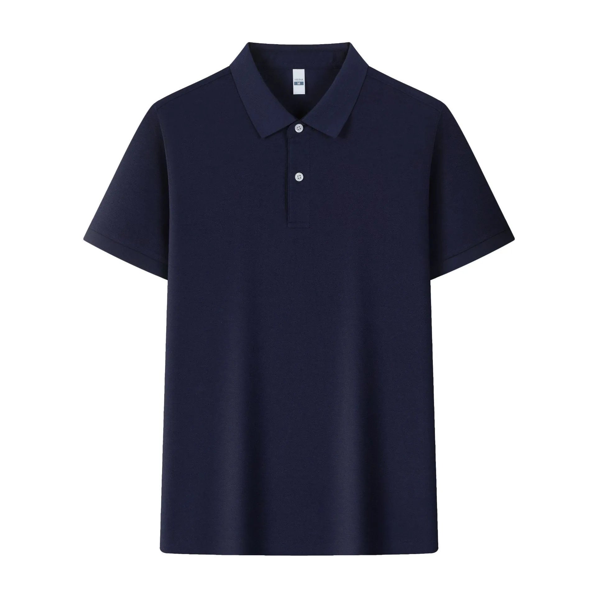 Man's light blue ice silk polo shirt with a lapel collar on a hanger.