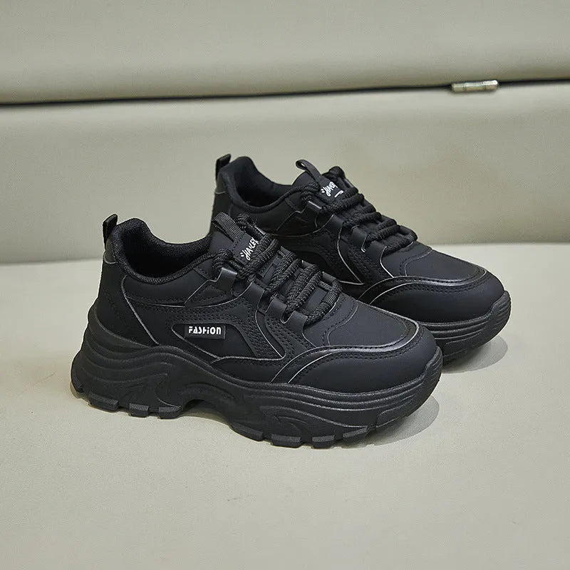 Breathable height increasing low-top shoes for women, artificial PU upper, round toe, black colour, side view