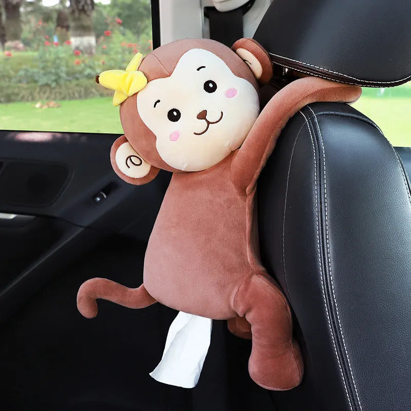 Soft plush car seat back tissue box holder with cute animal design