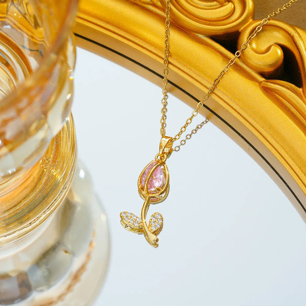 Titanium steel zircon tulip necklace for women, adjustable O-ring chain, electroplated gold pink finish