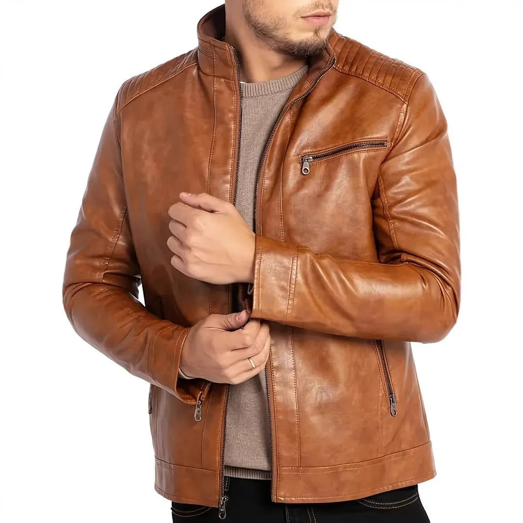 Men's brown artificial leather punk motorcycle jacket with a stand collar and straight hem