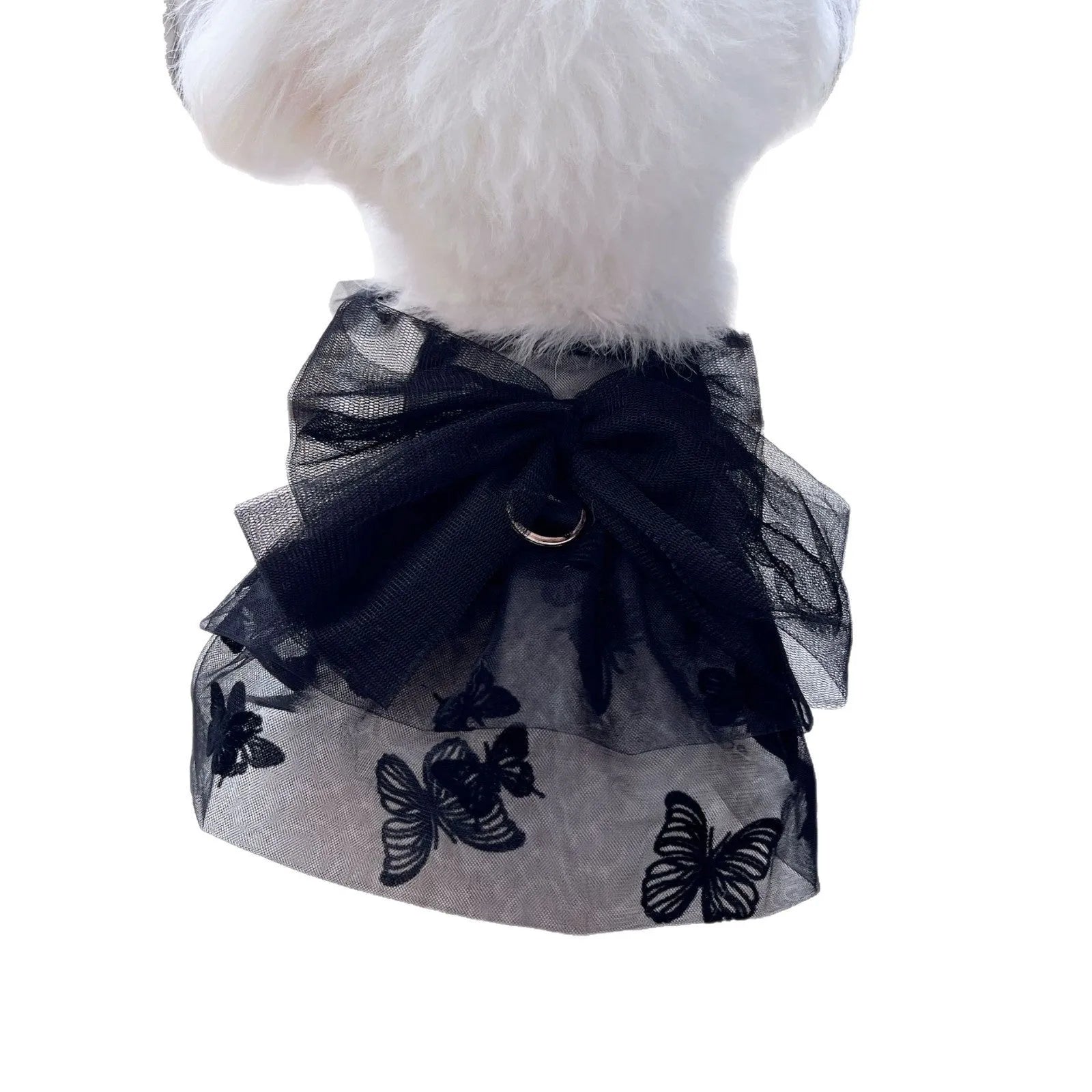 Black polyester princess tulle skirt for a small dog or cat, shown on a mannequin.