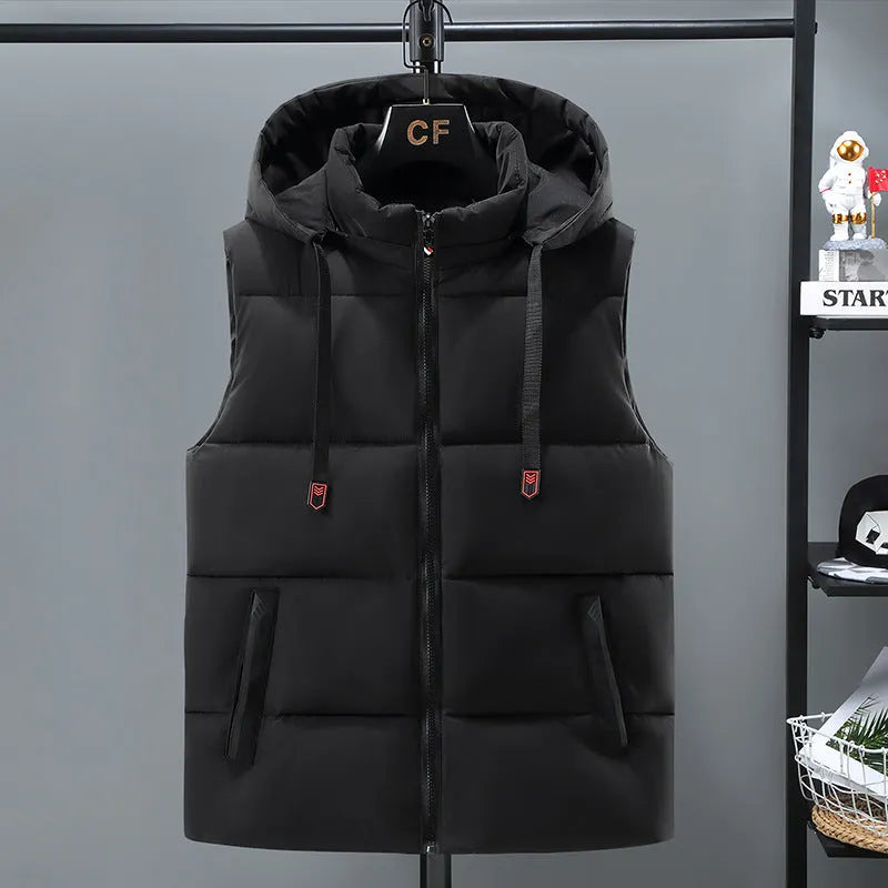 Men's black and blue thickened vest with removable cap and straight hem design