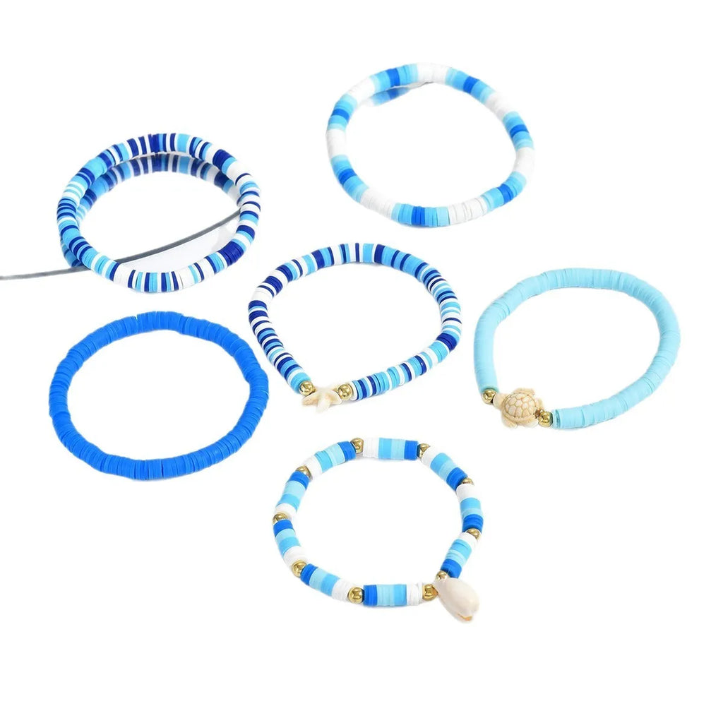 Bohemian blue polymer clay handmade shell bracelet set with geometric beads