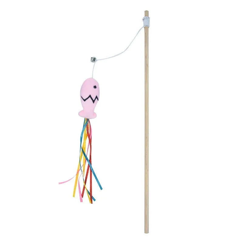 Cat wand toy with wooden handle, catnip fish attachment, colourful ribbons, and bell