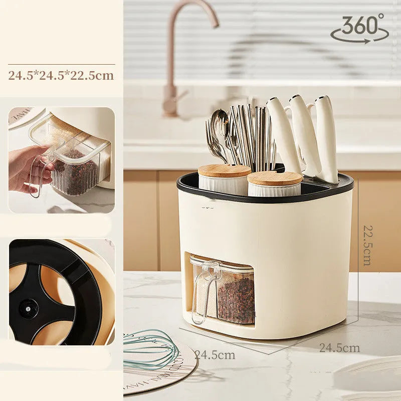 Rotating kitchen storage organiser with spice box compartments on countertop