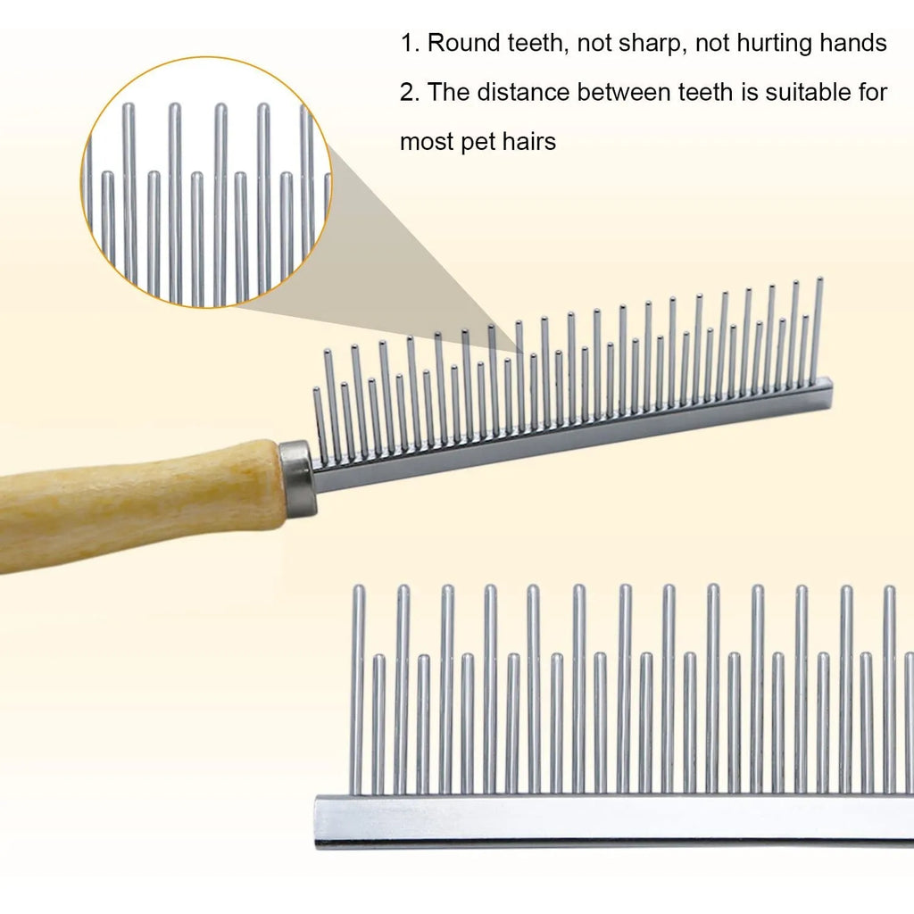 Wooden handle pet grooming comb for dogs and cats with rounded comb needles