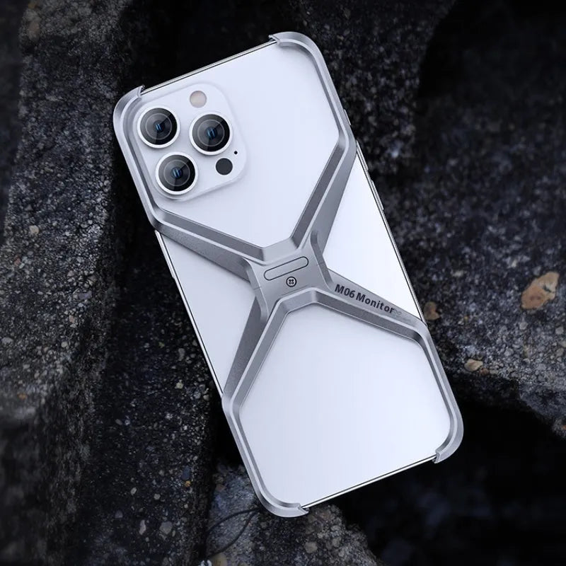 Aluminium alloy phone case with hollow-out frameless heat dissipation design for iPhone 14, 15, 16 series