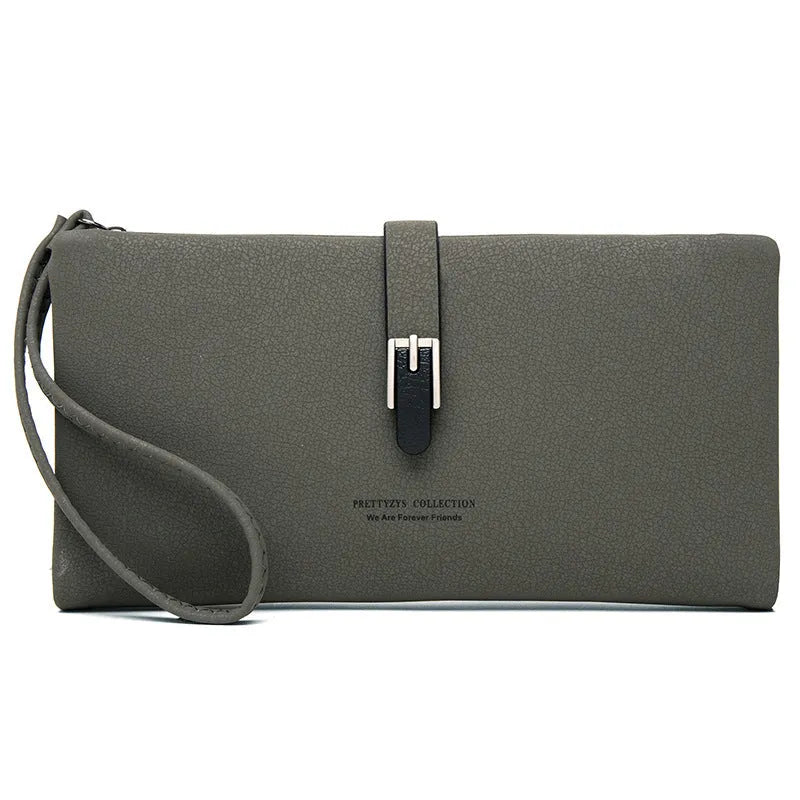 Long female wallet simple clutch in solid colour PU leather with zip closure, apricot