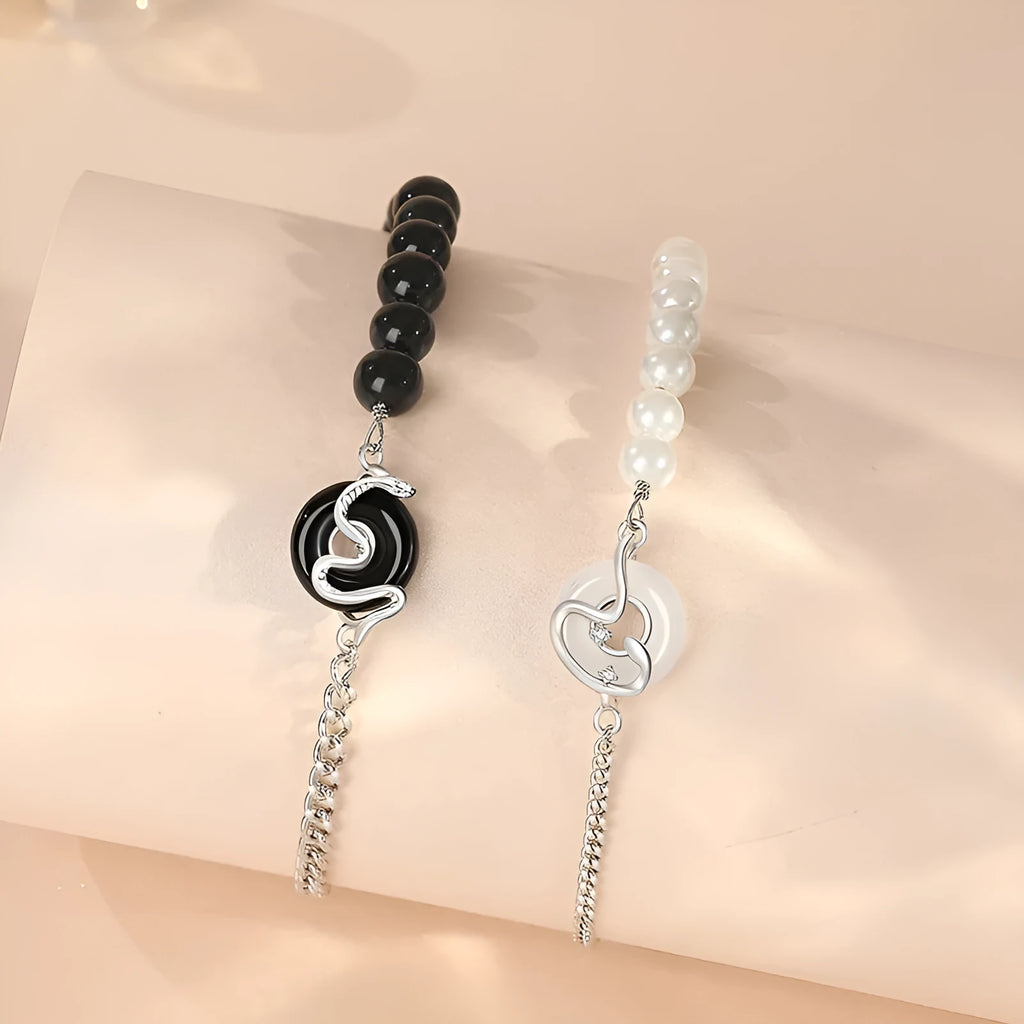 Sterling silver 925 Chinese Obsidian Pearl Bracelet with snake zodiac design and safe buckle for couples