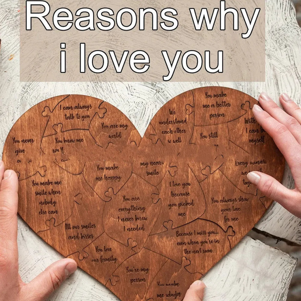 Reasons Why I Love You wooden heart puzzle with light brown colour and 20 love messages