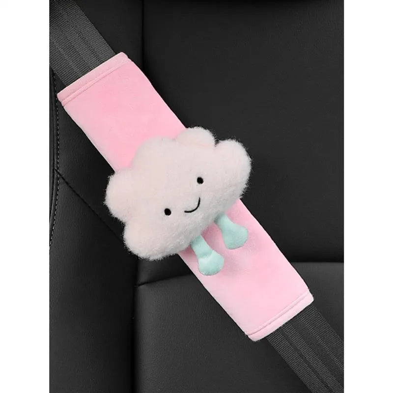 Creative cartoon plush universal automobile seat belt shoulder protector in big-eyed panda design on a grey car seat belt