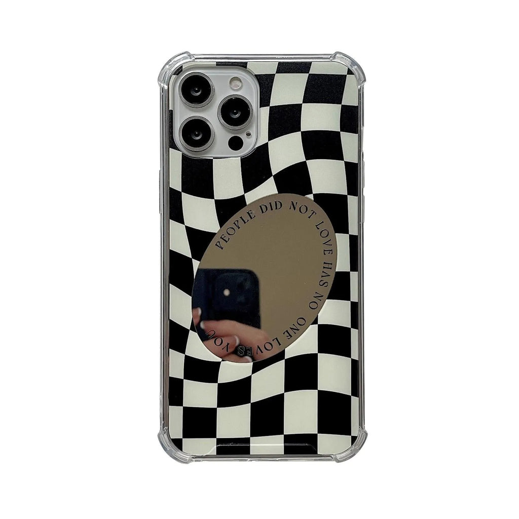Mirror phone case with chessboard plaid pattern against black background