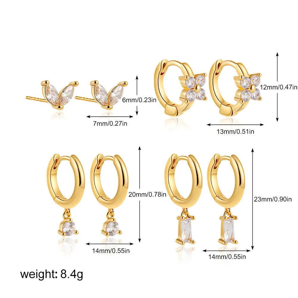 Geometric square zircon earrings set with star designs in gold or silver colours