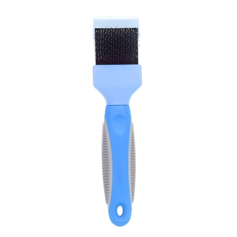 Double-sided pet brush with stainless steel pins and blue ABS handle