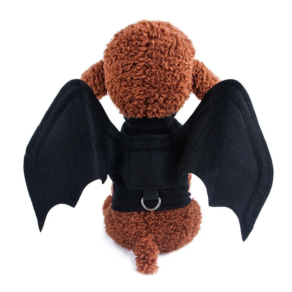 Black cloth bat wings costume for dog with 3D foldable wings and bell