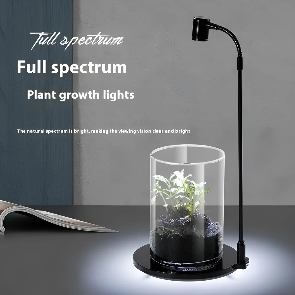 LED micro landscape lamp with copper base illuminating a small acrylic fish tank with moss plants