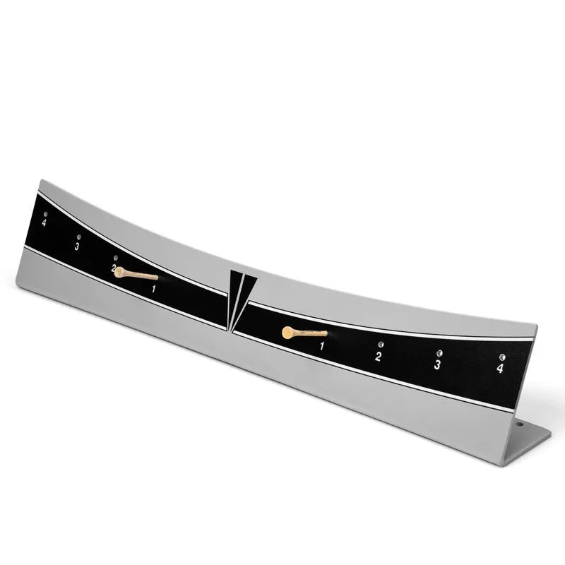 A white PVC golf putter trajectory balance simulator with an adjustable push rod balancer on a grey surface.