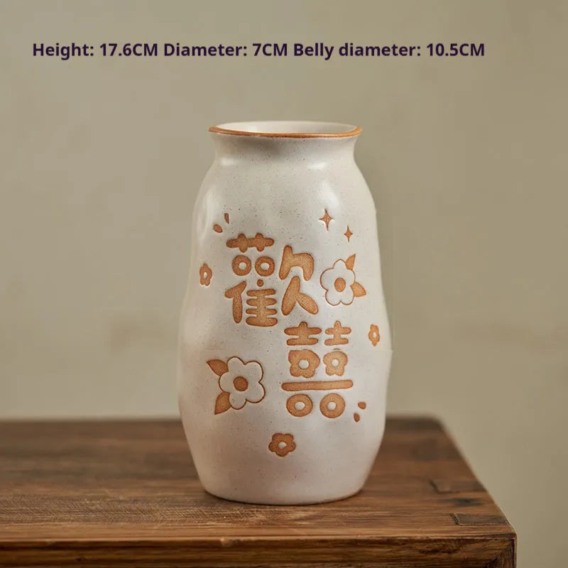 Chinese hand-painted ceramic joy vase with traditional carving on 8cm base