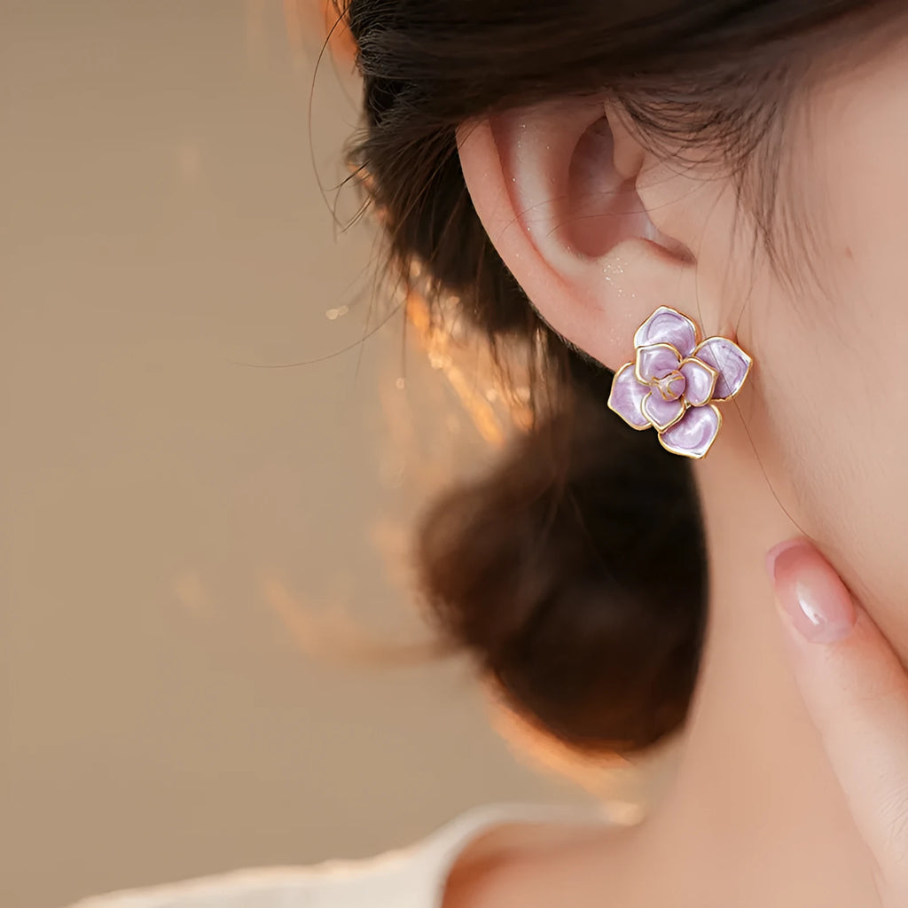Purple oil-spot glaze flower stud earrings with gold plating on 20mm copper base using traditional silver needle technique