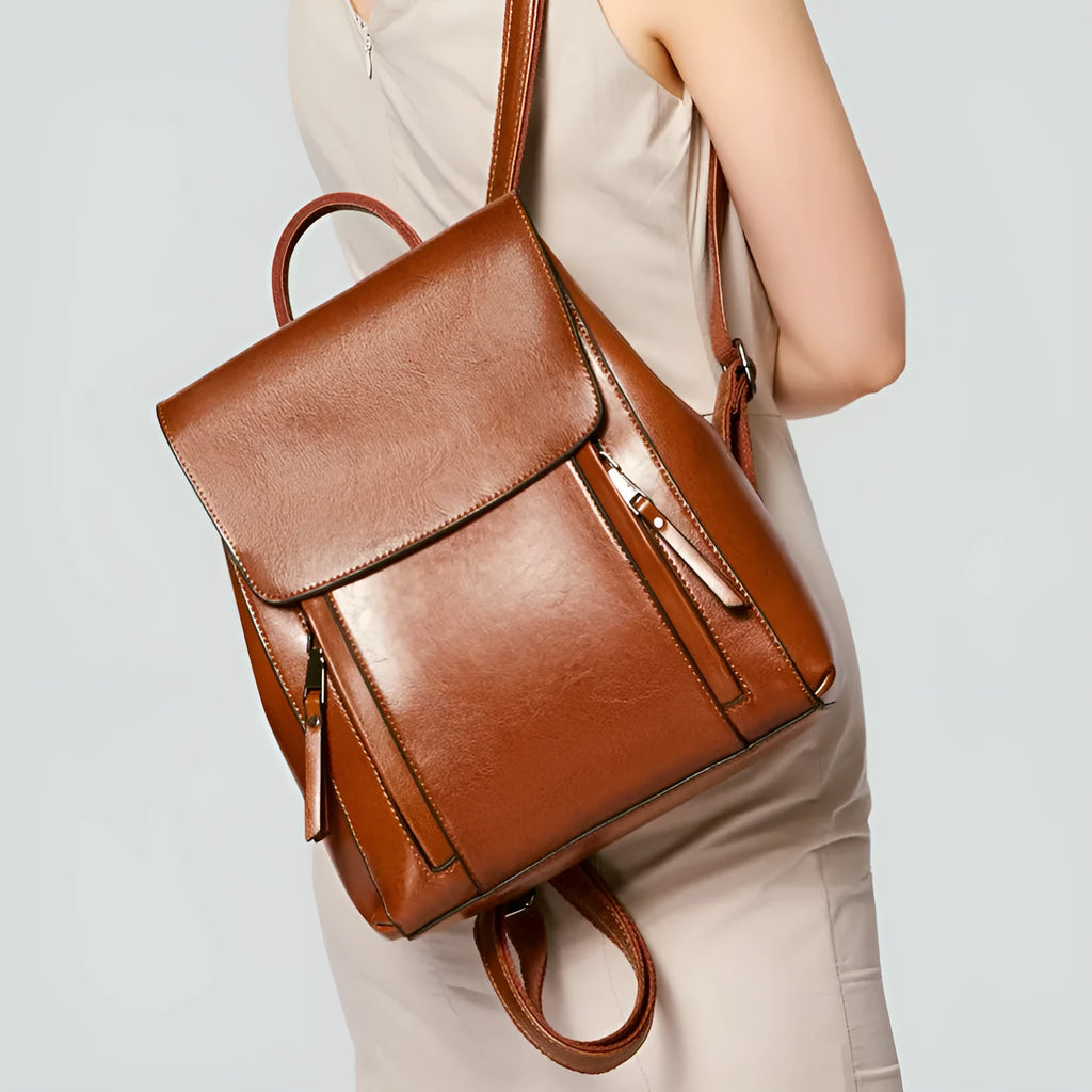 Genuine leather oil wax cowhide large backpack for women in black with stitching detail and double handles