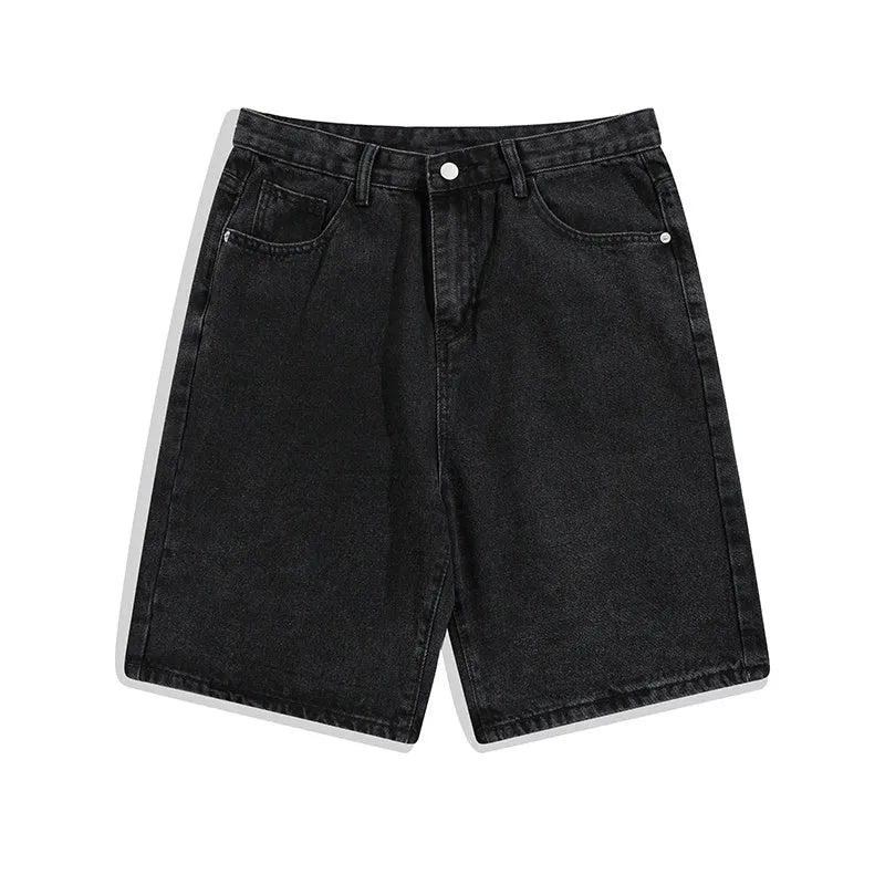 Men's straight-leg denim shorts in light blue, mid waist fit with zipper fly
