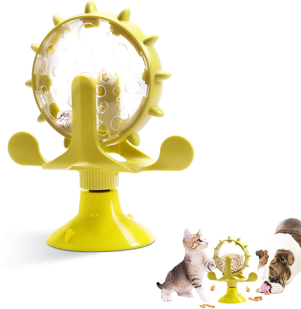 Interactive pet puzzle feeder toy with rotating food dispenser and sucker base in multiple colours
