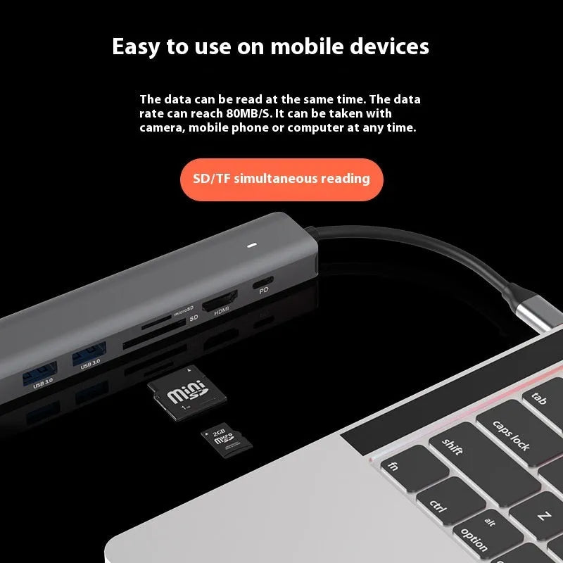 7-in-1 USB C computer hub with SD card slots and charging port for laptop connectivity expansion