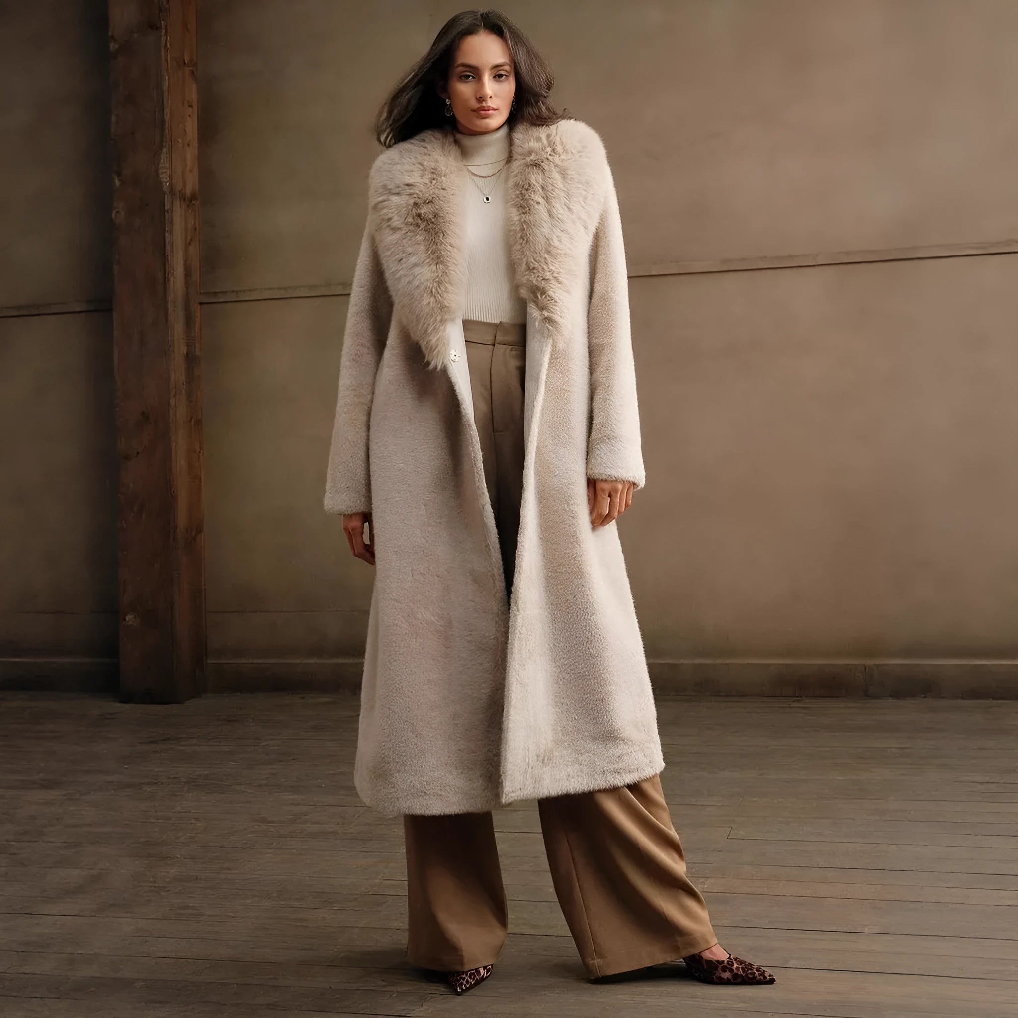Women's long faux fur coat in camel colour shown from the front.