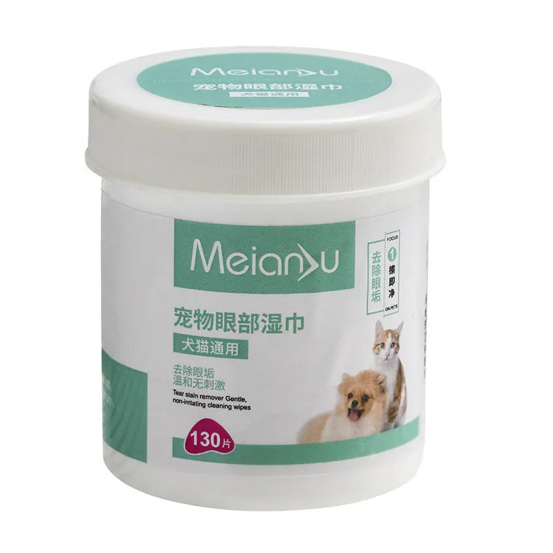 Box of pet ear and eye cleaning wipes with non-woven fabric, available in 130 or 150 pieces