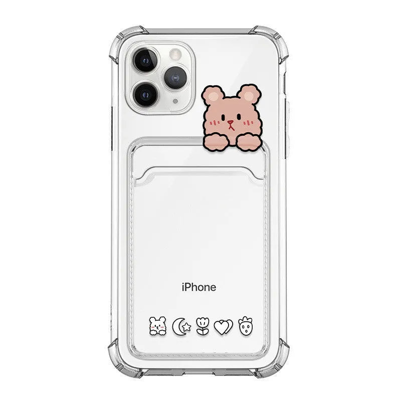 Cartoon design transparent TPU phone case with integrated card holder for Apple iPhone.