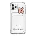 Cartoon design transparent TPU phone case with integrated card holder for Apple iPhone.
