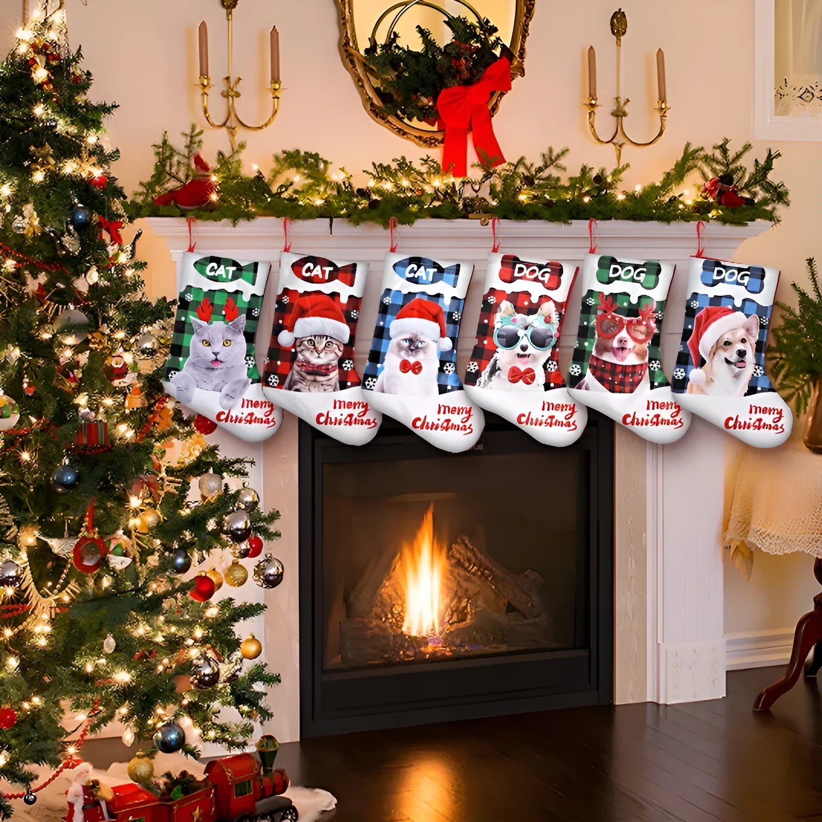 26x36cm printed cloth Christmas banner with puppy and cat designs in plaid patterns