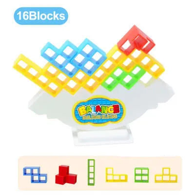 Plastic balance stacking game with 16 colourful blocks on chassis base for kids age 3+