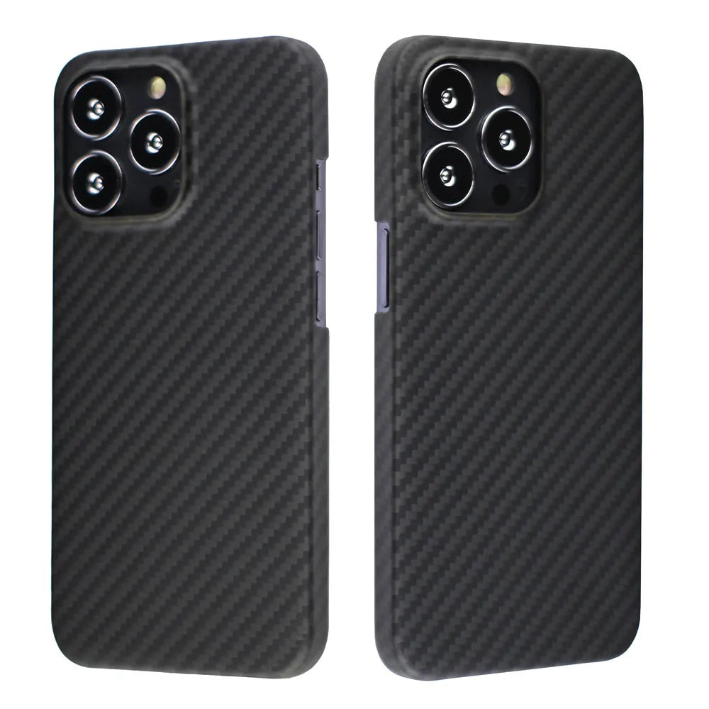Matte black Kevlar fibre protective case for iPhone showing stripe detail and precise model fit