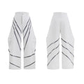 Men's polyester trousers with pleats and metal rivet detailing, shown in black and white colour options.