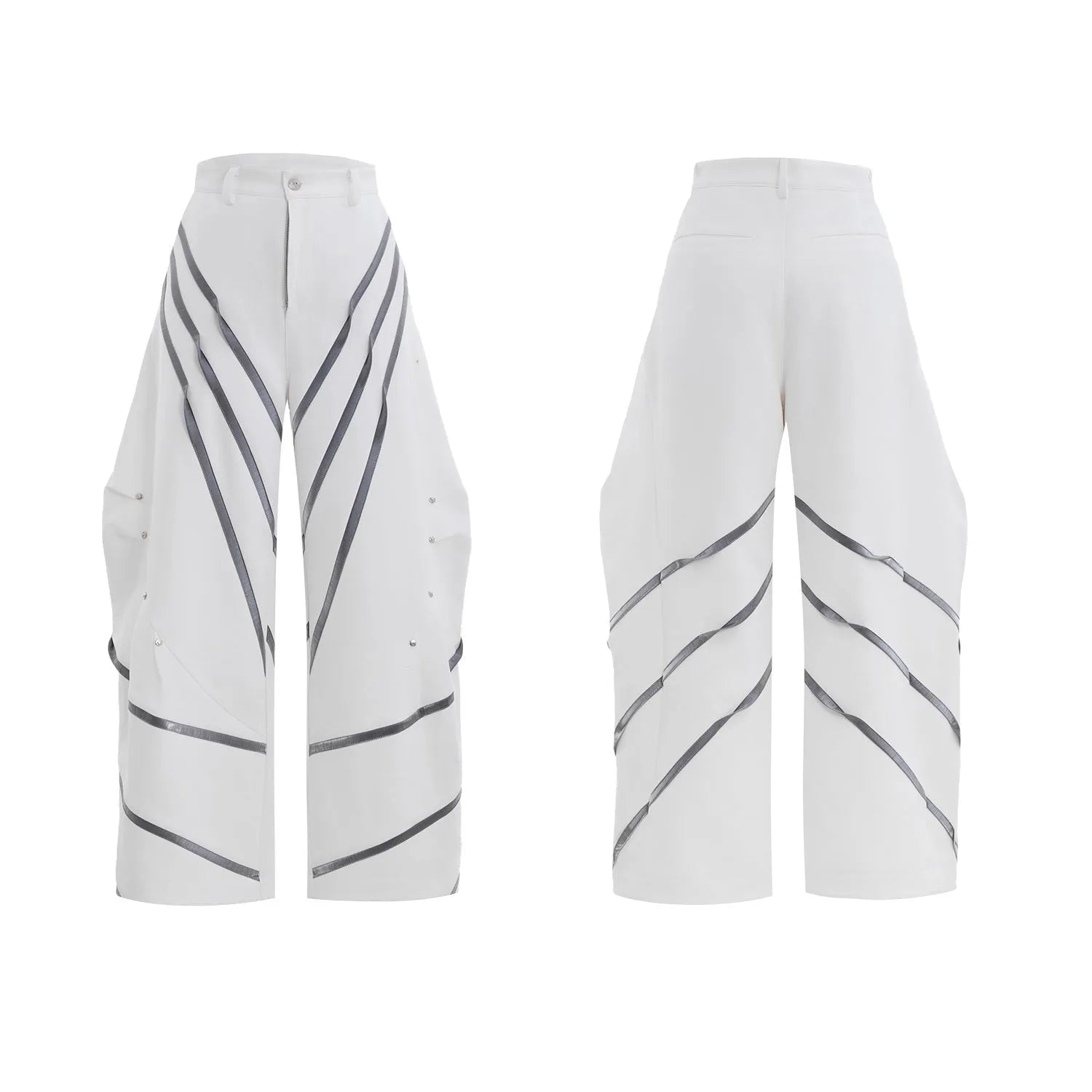 Men's polyester trousers with pleats and metal rivet detailing, shown in black and white colour options.