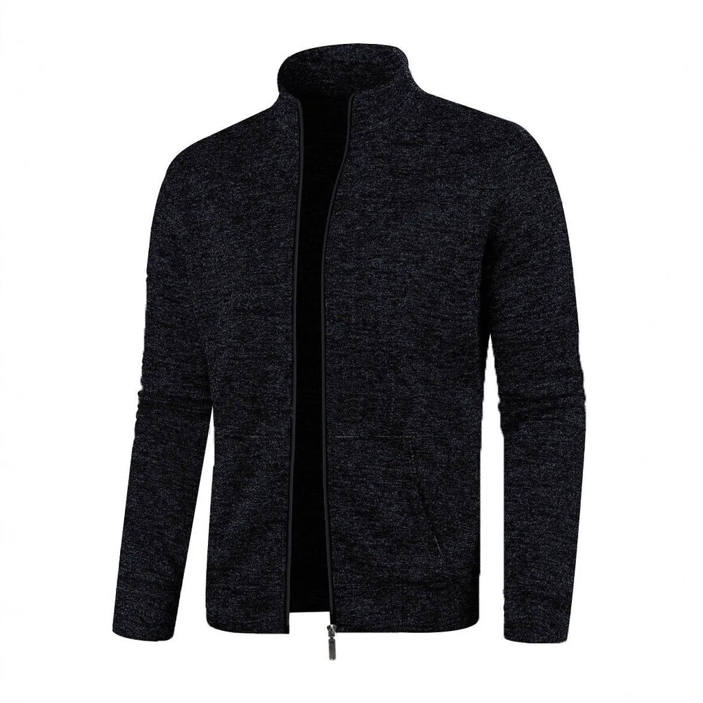 Men's long zipper light fleece jacket in black, loose fit, cardigan style, sizes S to 3XL