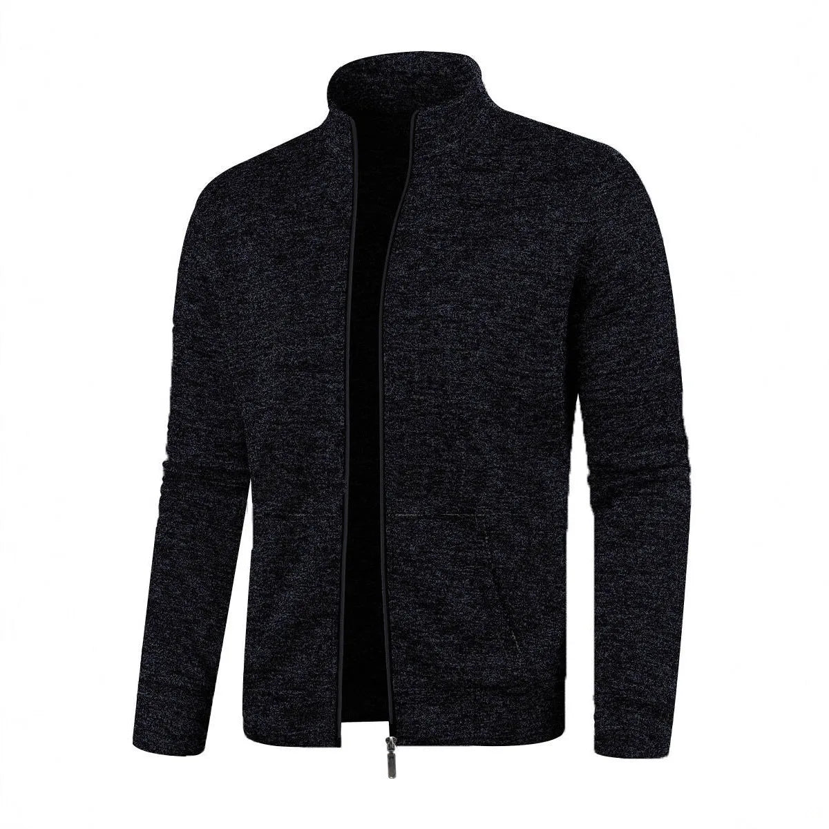 Men's long zipper light fleece jacket in black, loose fit, cardigan style, sizes S to 3XL