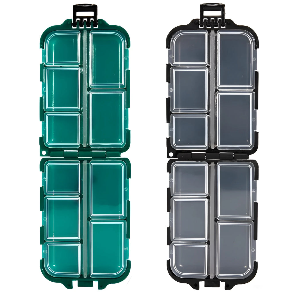 Green PVC fishing lure storage box with transparent lid, closed snap-lock, compact size 9.9x6.5x3cm