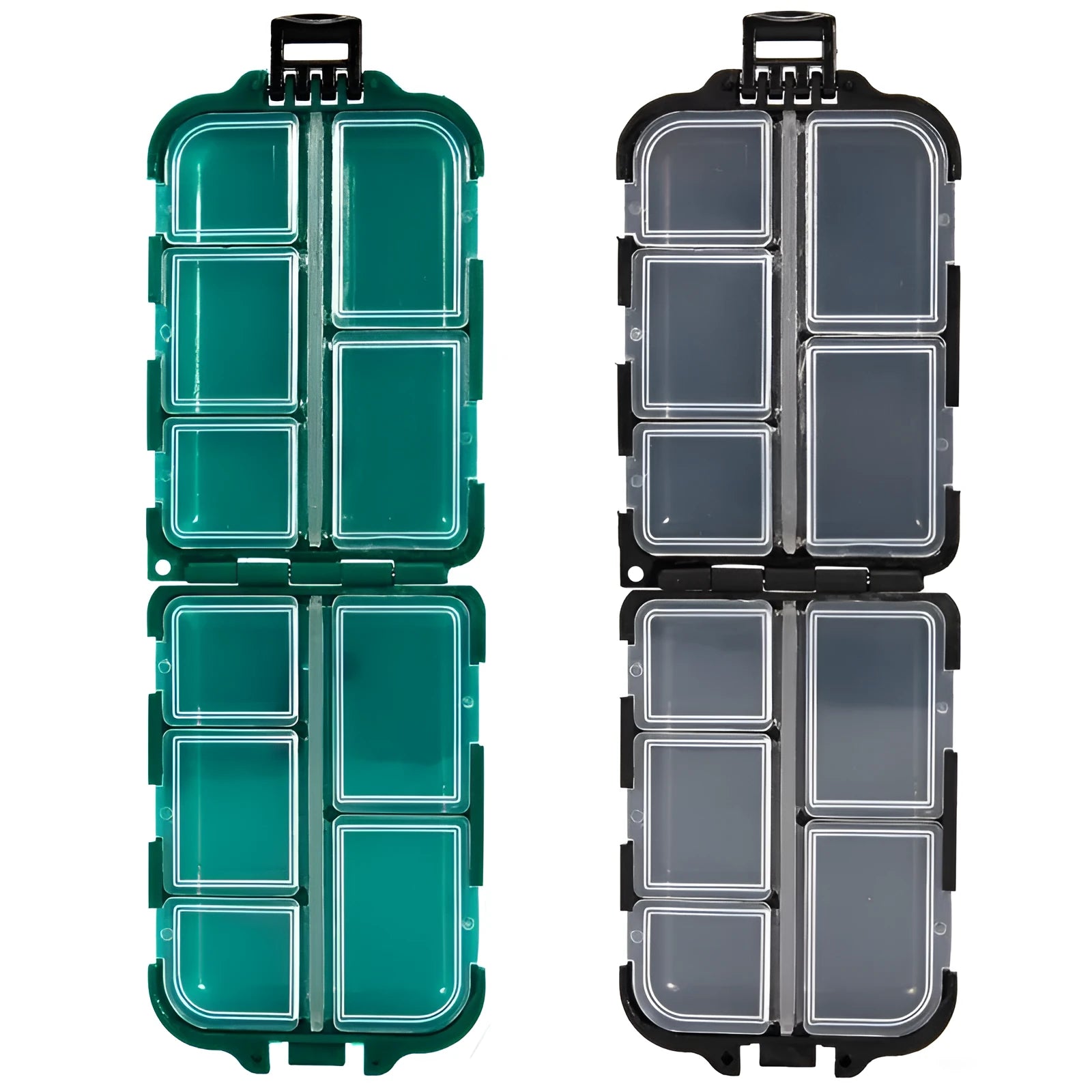 Green PVC fishing lure storage box with transparent lid, closed snap-lock, compact size 9.9x6.5x3cm