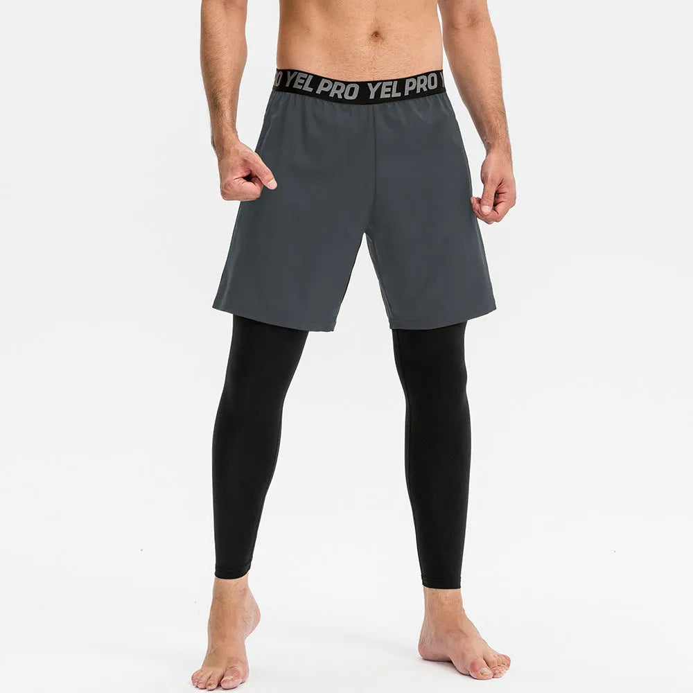Men's grey quick-drying high elastic tight pants for running and fitness training.