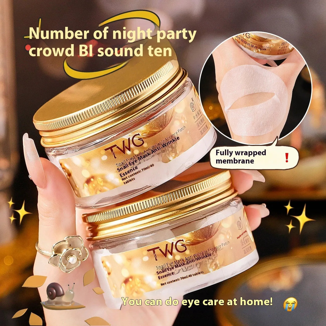 Snail essence eye mask box containing 40 tablets with 70ml anti-wrinkle paste for dark circles