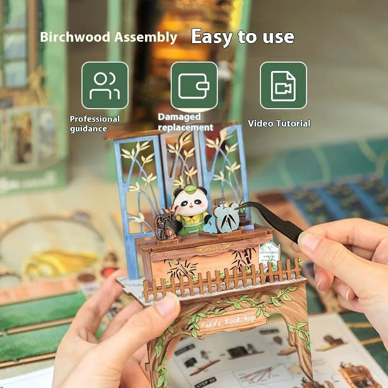 CuteBeediy Green Bamboo Bookstore wooden 3D hand-assembled book stand model with flashing lights on a wooden surface