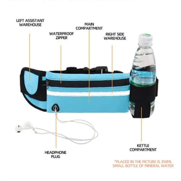 Nylon fitness waist bag 20x10cm in solid colour with zippered pocket for running cycling gym
